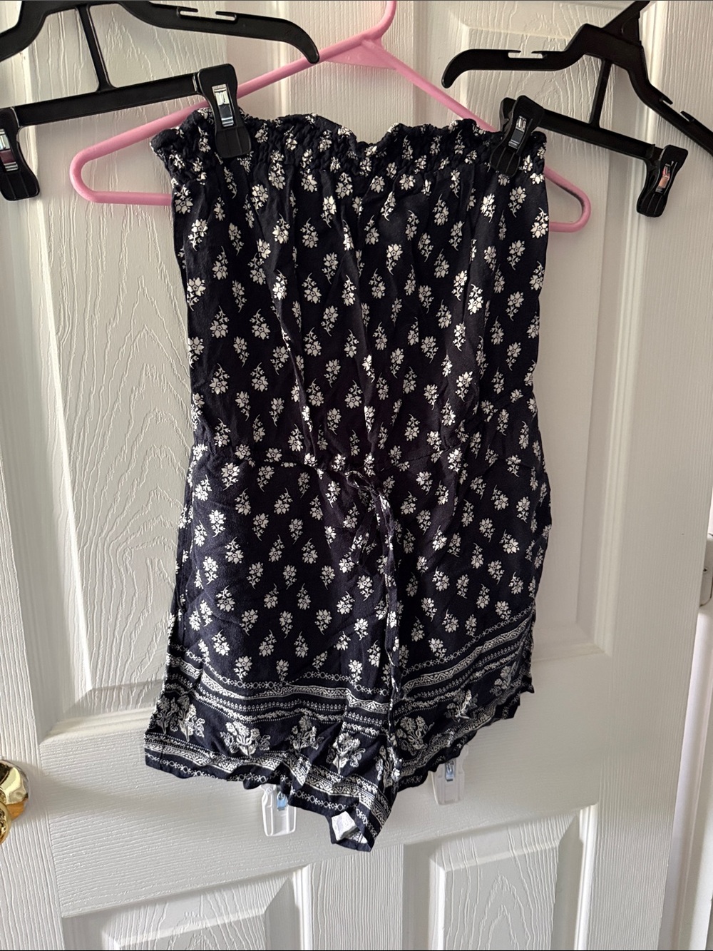 Fashion Nova Navy Blue & White Strapless Romper